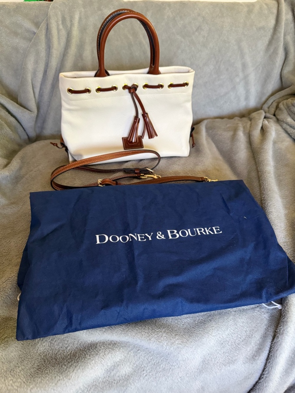 Dooney & Bourke Cream and Brown Pebbled Leather Drawstring Tote